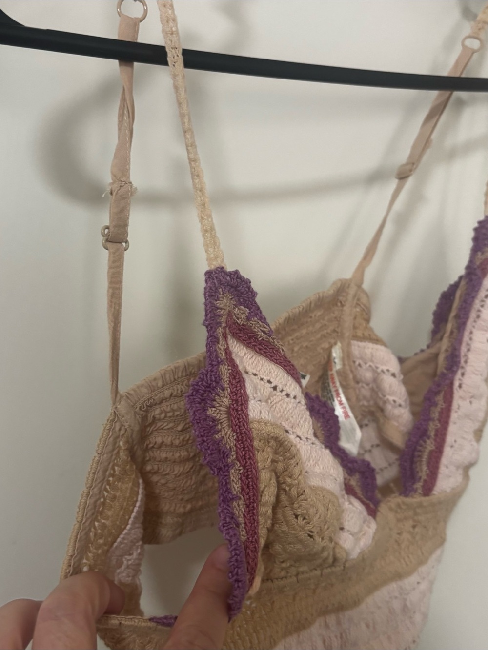 Crochet Lace-Trim Camisole Bralette in Cream and Purple - Picture 5 of 10
